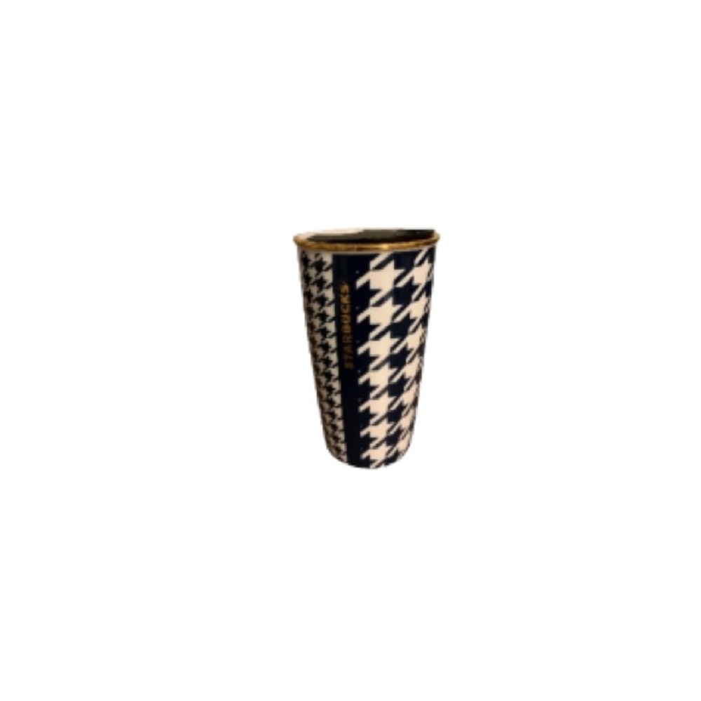 Starbucks Blue, White, and Gold Houndstooth Ceramic To Go Cup